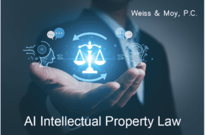 a hand holding up a digital scales of justice alongside AI renderings above the text AI intellectual property law | AI Logo Design Trademark